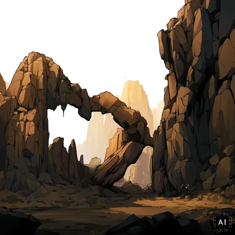 there is a painting of a rock formation in the desert, arte de fundo, ambiente rochoso, pintado como uma arte conceitual de jogo...