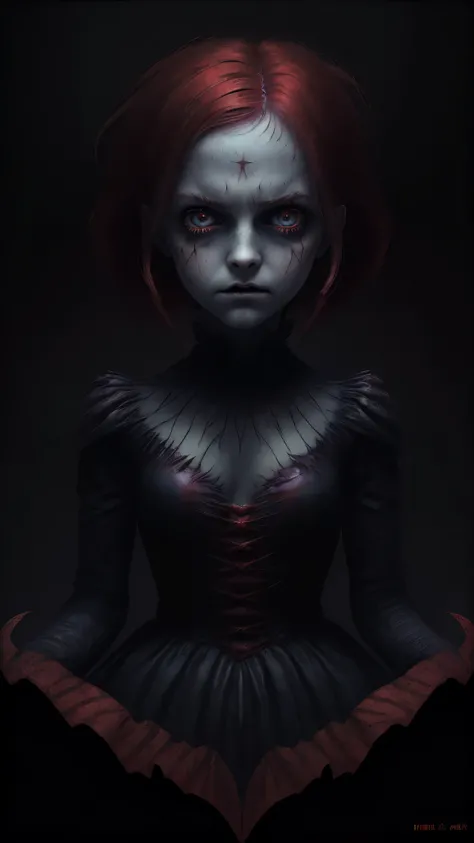 The Red Queen is a computer system evilness,appearence a 13 years old teenage girl.red hologram((portrait: 1 girl))angry expression, pixar style, Dark, Negative, twisted, weird, (Big super-detailed eyes, Childrens doll eyes), dark makeup under the eyes, my...