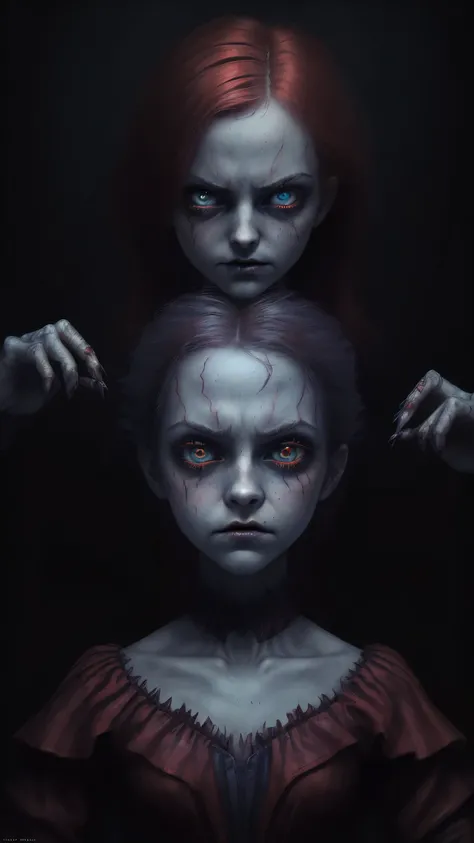 The Red Queen is a computer system evilness,appearence a 13 years old teenage girl.red hologram((portrait: 1 girl))angry expression, pixar style, Dark, Negative, twisted, weird, (Big super-detailed eyes, Childrens doll eyes), dark makeup under the eyes, my...