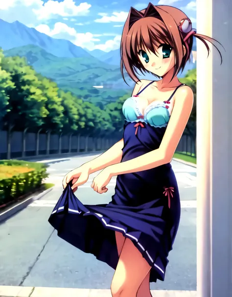 asakura_yume,Brown Hair,Medium Chest,Aqua Eye,White skin,In town,((Are standing)),smile,((breast enhancement)),(((Navy Blue_Camisole long dress_Knee-length))),((valley)),No bra,smile,