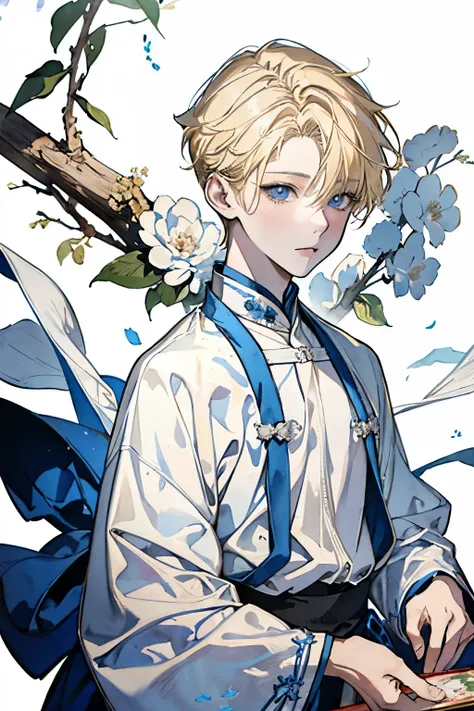 ((boy around 18 years old)),(Blonde:1.3),(White and blue costume reminiscent of an ancient Chinese priest),(The atmosphere of a watercolor painting),Close-up of face