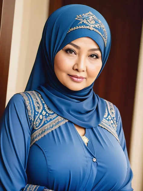 (Realistic) ((Hijab)) (real mature face) 68 Years old fat Brunei mature woman, sexy curvy, (sexy chubby body shape), Big  : 34.9, (wide cleavage), professional photography with excellent lighting