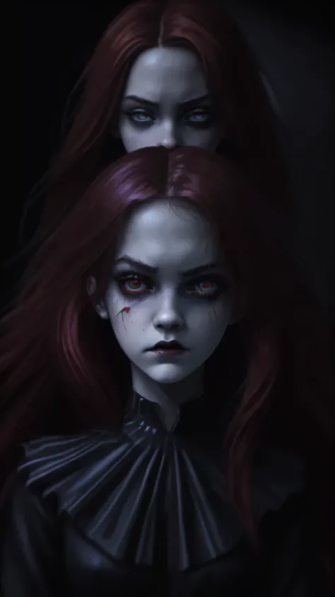 The Red Queen is a evilness,appearence a 13 years old teenage girl.red hologram((portrait: 1 girl))angry expression, pixar style, Dark, Negative, twisted, weird, (Big super-detailed eyes, Childrens doll eyes), dark makeup under the eyes, mysterious backgro...