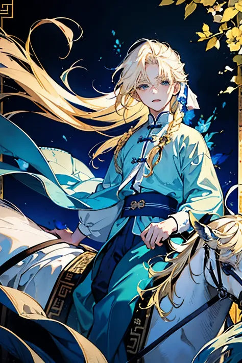 ((boy around 18 years old)),(Blonde:1.3),(Long Hair:1.3),(White and blue costume reminiscent of an ancient Chinese priest),(The atmosphere of a watercolor painting),Close-up of face,(Riding a horse)