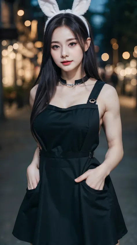 Gorgeous Girl, Beautiful, Baby Face, 20 Years Old, White Skin, Big Colossal Chest, ((muscles:1.3)), Sleeveless, Cleavage, ((Black Pinafore Dress)), Bunny Headband, Silver Medium Hair, ((adorable:1.1)), ((masterpiece:1.1)), Goth Make Up, Dark Street Outdoor...