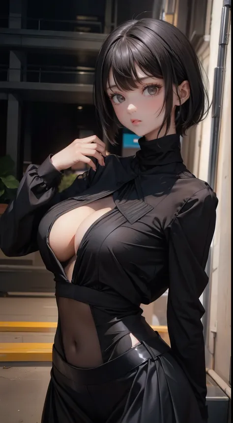 short hair、Black Hair、bangs、high school girl、Black Suit、Black turtleneck、Black long skirt、Second dimension beautiful girl、Big Breasts、Slender