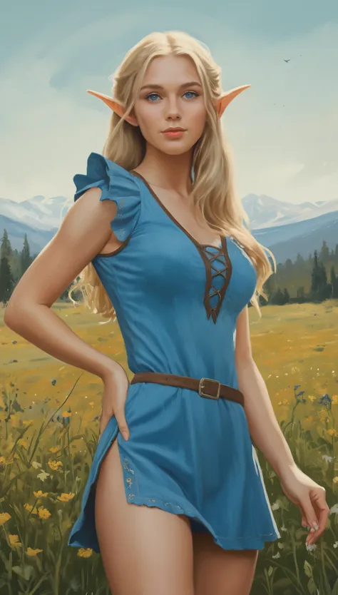 An illustrated movie poster, hand-drawn, full color, a teenage elven girl, wearing a corduroy mini-dress, sun-tanned complexion, very tall, athletic body, hourglass figure, curvy, slightly chubby, bottom-heavy, generous hips, massive bubble-butt, long legs...