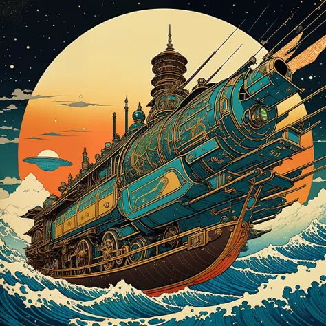 Retro Futurism collides with Ukiyo-E in a Psychedelic Steampunk Adventure