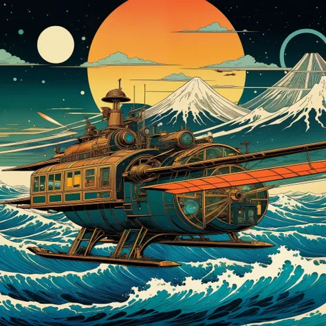 Retro Futurism collides with Ukiyo-E in a Psychedelic Steampunk Adventure