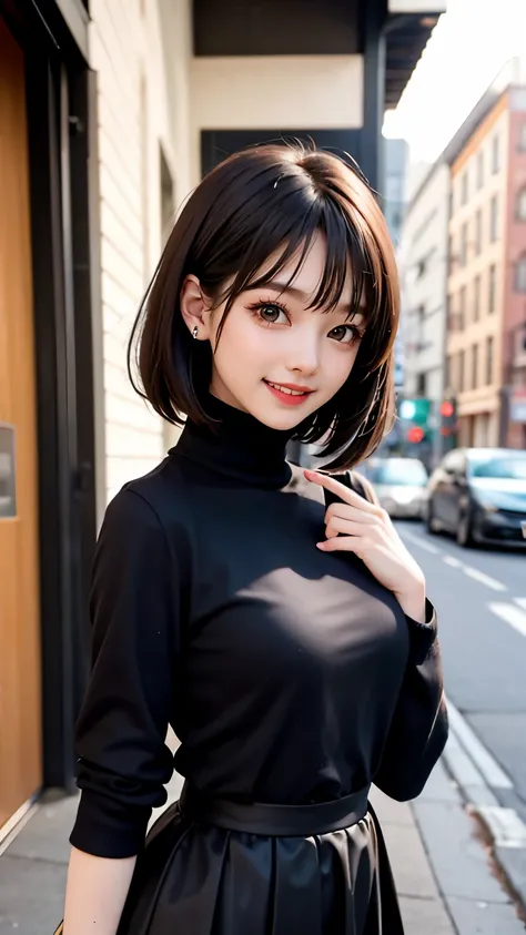 high school girl、Shortcuts、Short hair、Black Hair、bangs、Black turtleneck、Black long skirt、beautiful girl、smile