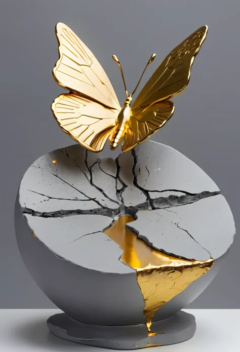 ((display，Still life table，Artistic statues，3D Sculpture，ceramics，Surface cracks，Shattered Texture)), Showing the beauty of nature.gold，Golden powder， This artwork is presented on a grey background，To emphasize its artistic quality.
