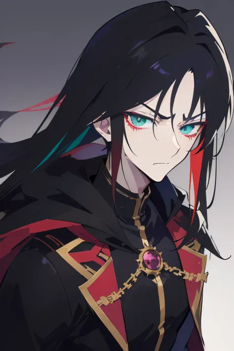 Close-up of (male anime character:1.3), (intense gaze:1.2), (dual-colored eyes:1.3) with one red and one green, spiky black hair, furrowed brows, (serious expression:1.2), shadowed face, (black cloak with golden trim:1.1), visible scar over left eyebrow, h...