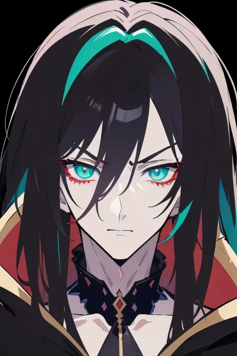 Close-up of (male anime character:1.3), (intense gaze:1.2), (dual-colored eyes:1.3) with one red and one green, spiky black hair, furrowed brows, (serious expression:1.2), shadowed face, (black cloak with golden trim:1.1), visible scar over left eyebrow, h...