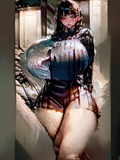 (Best Quality,8K,High resolution:1.2),(cute Japanese girls,one girls,Japan gravure idols),Teenage,(Huge breasts:1.1),bob cuts,Blunt bangs,thin waist,Oily skin,Body oil covered,(See-through,sailor uniform,serafuku,High leg cuts:1.15),(on the vinyl air mattr...