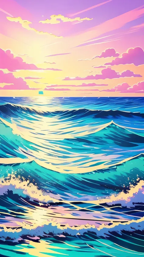 best quality, super fine, 16k, art work, the sea water is floating, and you can see right into the ocean, cute and beautiful in pastel colors, pop art, beautiful lighting