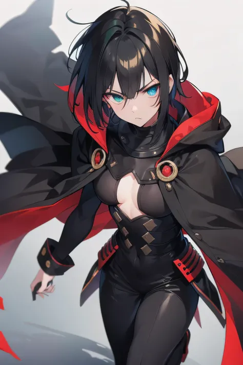 Close-up of (standing outside) (full body) (male anime character:1.3), (intense gaze:1.2), (dual-colored eyes:1.3) with one red and one green, spiky black hair, furrowed brows, (serious expression:1.2), shadowed face, (black cloak with golden trim:1.1), vi...