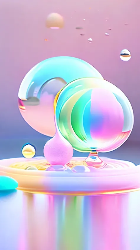 best quality, super fine, 16k, art work, there is no gravity and everything floats, iridescent water, iridescent soap bubbles, iridescent bubbles, and more, cute and beautiful in pastel colors, pop art, beautiful lighting