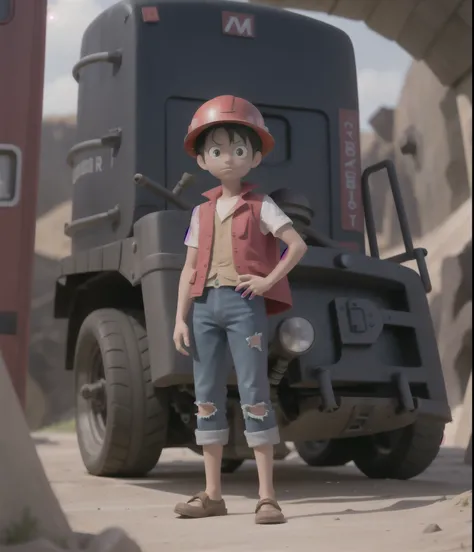 Luffy wears a PPE, helmet, vest and safety shoes, standing in front of a mining car whose rotary lights are on, with a background in a coal mine. And The flag must be attached to the buggy whip when driving in the mine area