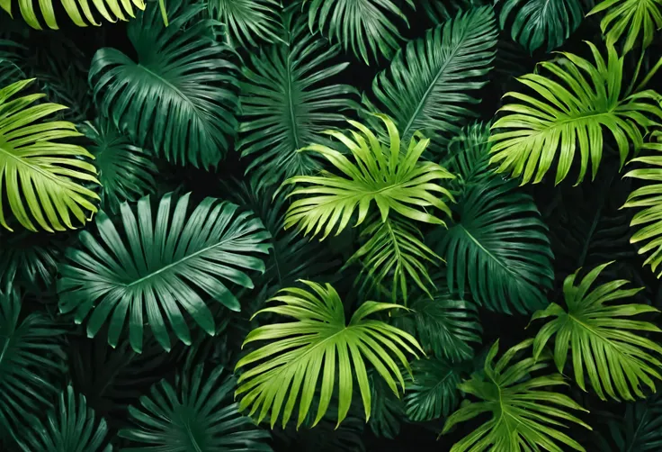 fundo de floresta tropical verde mostera, folhas de palmeiras, exotic plants background, abstract and botanical foliage