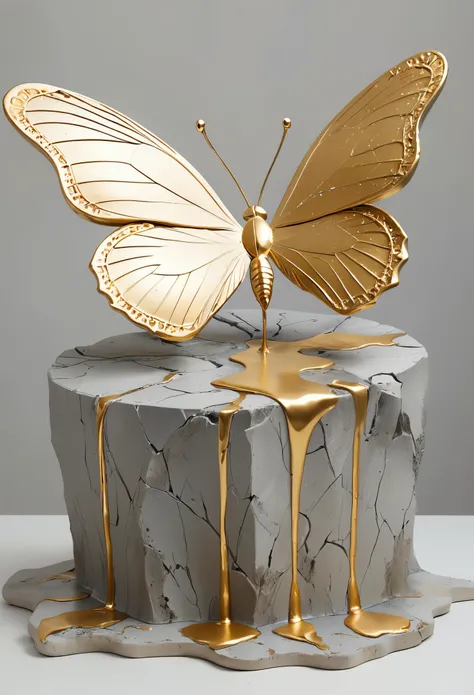 ((display，Still life table，Artistic statues，3D Sculpture，ceramics，Surface cracks，Shattered Texture)), Showing the beauty of nature.gold，Golden powder， This artwork is presented on a grey background，To emphasize its artistic quality.
