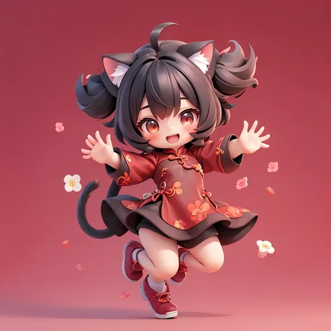 matte blind box，(red cheongsam)，simple background，best quality,cat ears,happy expression,jump up