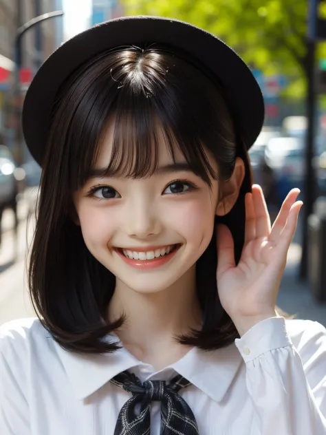 master piece , best quality , woman , bowler hat , bangs , smile , outdoor
