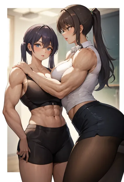 2girls,classroom, muscular female, alternate muscle size,,muscular ,biceps,muscular,muscular thighs,blush,,abs,pecs,unbuttoned,hyper muscle,teacher and student