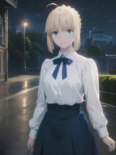 (masterpiece:1.4), (best quality:1.4), realistic, 1girl, artoria pendragon (fate), ray tracing graphic, large breast, night time, little ahoge, green eyes, white shirt, blue skirt, happy, blush, little smile, stand, in London tower, empty road, face focus,...
