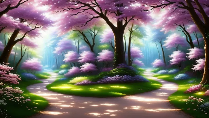 painting of a path in a forest with white flowers and trees, magical fantasy forest, magical forest backround, anime background art, magical forest, magic fairy forest, fairytale forest, floral environment, enchanted magical fantasy forest, lush fairy fore...