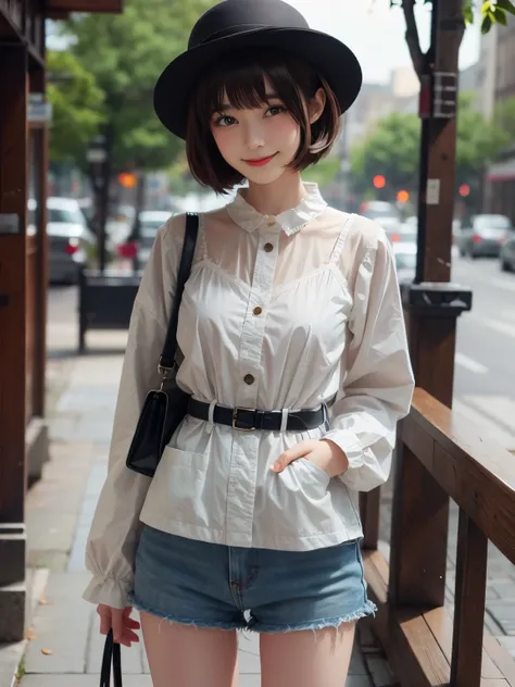 master piece , best quality , woman , bowler hat , bangs , smile , outdoor, extra short hair, sidelocks-hair
