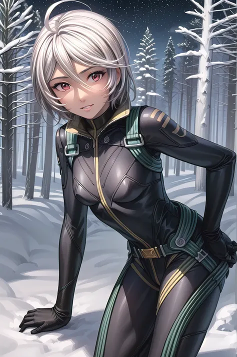 (masterpiece, best quality:1.2), solo, 1girl, yamamoto akira, dark skin, expressionless, looking at viewer, ahoge, bodysuit, outer space, (dynamic pose:1.0),happy,smile,(centered,scale to fit dimensions,Rule of thirds), ((snowy pine forest at night)), with...