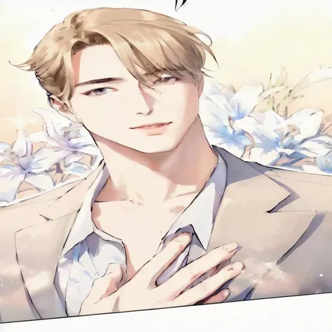 arafed image of a man in a suit and tie with flowers, delicate androgynous prince, inspired by Bian Shoumin, beautiful androgynous prince, anime handsome man, cai xukun, handsome prince, handsome anime pose, tall anime guy with blue eyes, heise jinyao, ext...