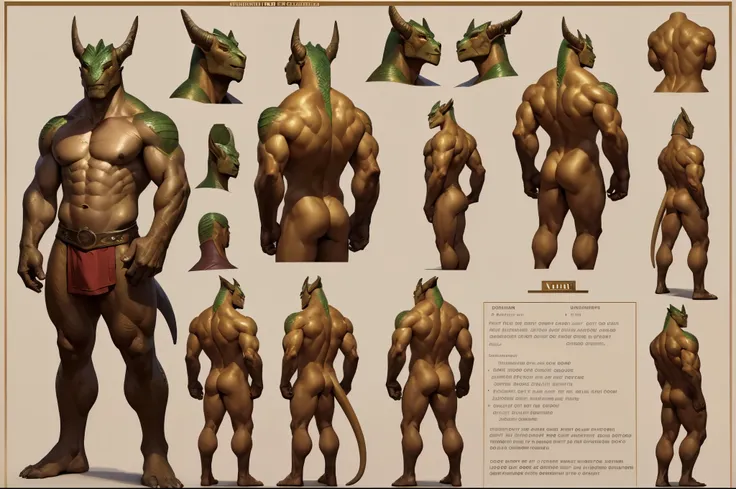 ((Masterpiece, Highest quality)), Male, man, Detailed face, character design sheet, full body, Full of details, front body view, back body view, Highly detailed, Depth, Many parts, Muscular anthropomorphic dragon with gold scales, handsome young dragonborn...