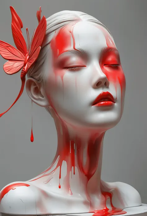 white 3d sculpture，elegant woman statue, red paint on face，airbrush painting inspired by cheng yanjun, popular on artstation, th...