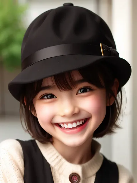 master piece , best quality , woman , bowler hat , bangs , smile , outdoor, extra short hair, sidelocks-hair, cute face,brown eye