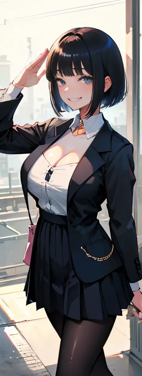 (8k、Best image quality、highest quality、masterpiece)、Detailed face、((One ))、Black Hair、Bobcut、Blunt bangs、shiny bright blue eyes、Wicked Smile、((Grin))、((Big Breasts、Big cleavage))、White shirt and pleated skirt、((High school girlini skirt))、Black Pantyhose、C...