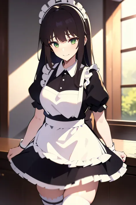 shouhou \(kancolle\), 1girl, enmaided, solo, maid, apron, thighhighs, alternate costume, white thighhighs, ahoge, white apron, m...