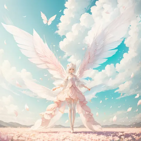 white-haired fairy in pink transparent clothes、on the sky，livestock，long legs，symmetrical wings,magic（（（petals flying all over t...