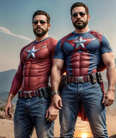 Obra maestra, desenfoque de campo, Parte superior del cuerpo, Hands in pants pockets , Two 38 year old men with beards and square sunglasses... Men dressed in a superhero shirt at an action movie in Japan with a sunset in the background.
