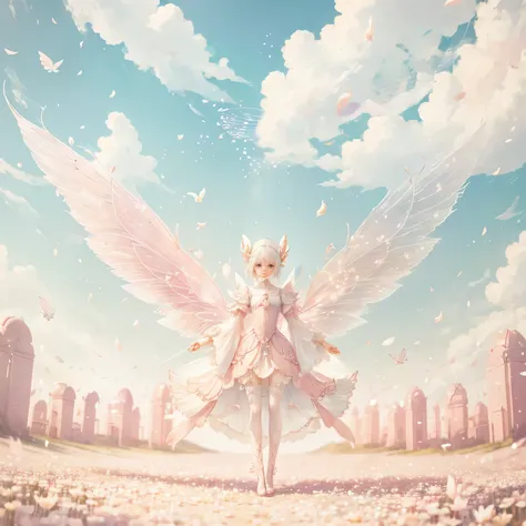 white-haired fairy in pink transparent clothes、on the sky，livestock，long legs，symmetrical wings,magic（（（petals flying all over t...