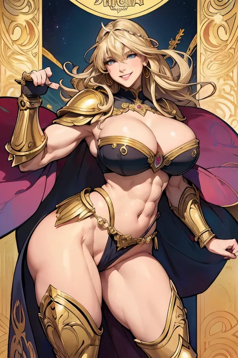 ((Muchas style)),(vulgar),Big-breasted Pussy Woman Warrior, full view,Sexy poses,vulgar smile,gold haired,muscular woman,(heavy Gold armour))