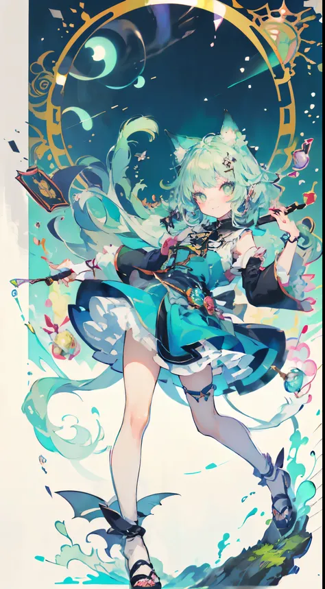 ((Tabletop, highest quality: 1.1), ((Anime girl in a blue dress holding a magic wand)), Art Nouveau、Anime Cat girl wearing a maid costume, , ((Green hairs))、Long-haired person、((Eyes that shine like jewels, Long eyelashes, Transparency))、Very Beautiful Ani...