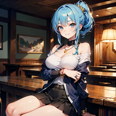 Anime Moe Art Style,highest quality,High resolution,Anatomically correct,One Girl,Mid-teens,A girl with light blue hair in a ponytail,Super detailed,off shoulder tops,mini skirt,Big Breasts,Sitting at a table in a fantasy tavern,Mischievous smile,Chest res...