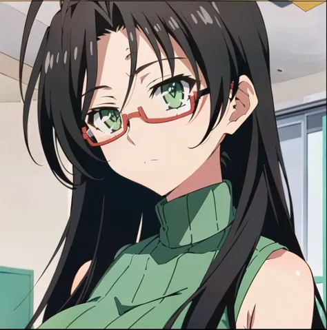 chisato hasegawa, 1girl, solo, glasses, antenna hair, long hair, black hair, green turtleneck, red-framed eyewear, green eyes, s...