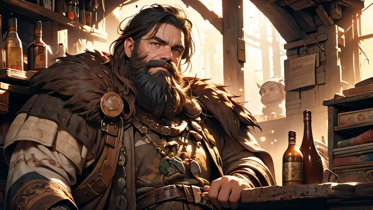 best quality,ultra-detailed,realistic,illustration,portraits,sturdy dwarf,short black hair and beard,thoughtful expression,hand covering mouth,dirty and dusty underground room,fantasy theme,vivid colors,warm color tones,soft lighting