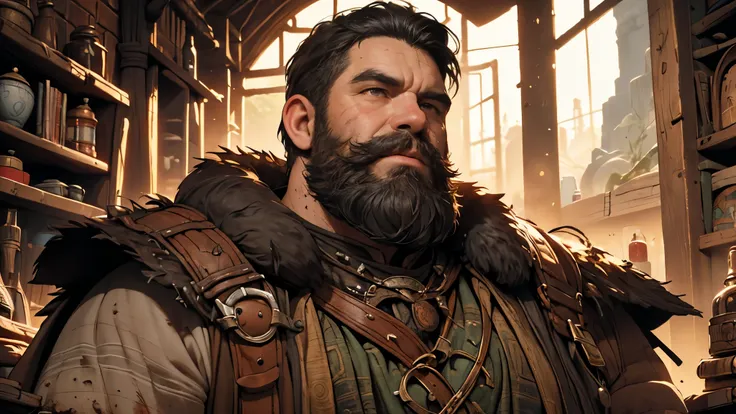 best quality,ultra-detailed,realistic,illustration,portraits,sturdy dwarf,short black hair and beard,thoughtful expression,hand covering mouth,dirty and dusty underground room,fantasy theme,vivid colors,warm color tones,soft lighting
