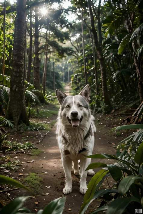 lobo cinza realista olhando diretamente pra camera, fundo floresta em desfoque