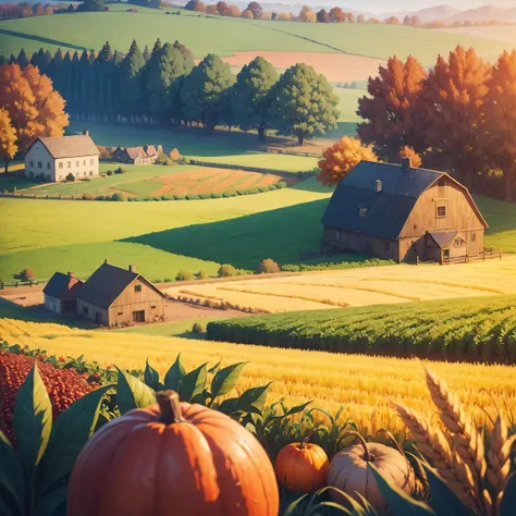 farm，autumn，Harvest，Wheat Field，vegetable，Stardew Valley, Full of rhythm, Immersive, Features, masterpiece, cartoon, detailed