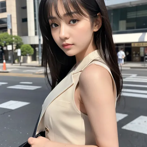 Best-quality, Masterpiece, Ultra-High-Resolution, (Photorealistic:1.4), Raw-Photo, 1girl, 18-years-old, the most famous Japanese actress, sunny-day, at HIROSHIMA street, wearing extremely luxurious business-suit, ((extremely beautiful face like the most po...