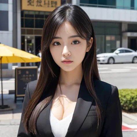 Best-quality, Masterpiece, Ultra-High-Resolution, (Photorealistic:1.4), Raw-Photo, 1girl, 18-years-old, the most famous Japanese actress, sunny-day, at HIROSHIMA street, wearing extremely luxurious business-suit, ((extremely beautiful face like the most po...